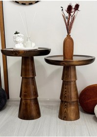 Resim ASELYA HOME Ahşap 2’li Set Mantar Yan Sehpa Modern Ceviz Renk Fiskos Zigon Çiçeklik 