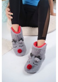 Resim Albishoes Kadın Geyik Figürlü Gri Ev Botu Panduf Yumuşak Rahat 001 