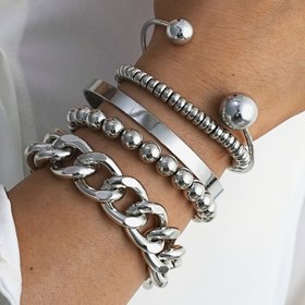 Resim 5 Adet Retro Punk Tarzı Kadın Bileklik Seti, Açık Küba Zincirli ve Boncuklu Bilezikler, Tüm Mevsimler İçin Üstün Aksesuar – Günlük Kıyafetler ve Parti Kombinleri için Mükemmel, Şık Tatil Hediyesi Takı 