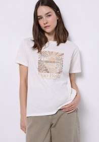 Resim Regular Fit Yuvarlak Yaka Baskılı Kadın Beyaz Kısa Kol Tişört 