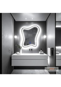 Resim Mariont Beyaz Led'li Lazer Kumlamalı Lavabo & Banyo Aynası Dokunmatik Sensörlü 70 X 56 Cm 