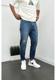 Resim Boyfriend Lazer İşlemli Kot Erkek Pantolon Mavi 