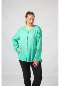 Resim 3294 Yeşil Yıldız Baskılı Organik Keten Kumaş Mevsimlik Gömlek Yeşil 