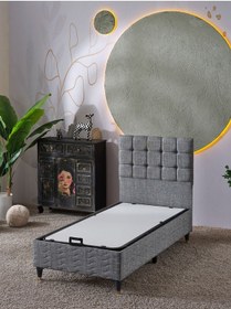 Resim Beehanem Bengü 90x190 Tek Kişilik Baza+Başlık 2 Li Set Keten102 Gri 