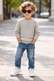 Resim CLOUDY WEAR&DESİGN Erkek Çocuk Bisiklet Yaka Örgü Desenli Triko Kazak (2-5 Yaş) 
