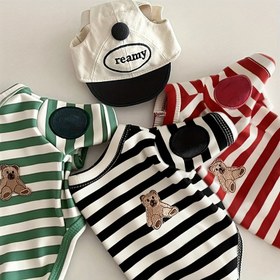 Resim Şık Çizgili Ayı Nakışlı ve Moda Yama Detaylarına Sahip İki Bacaklı Evcil Hayvan Tişörtü - Küçük Köpekler & Kediler için Tüm Sezon Rahatlığı, Kolay Giydirme Tasarımı, Çok Renk Seçenekleri (Beyaz/Mavi, Kırmızı/Yeşil, Lacivert/Bej), Köpek Gömleği 