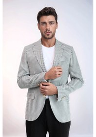 Resim Açık Gri Kazayağı Desenli Gold Renk Metal Düğmeli Slim Fit Erkek Blazer Ceket - Wessi Grey 