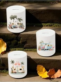 Resim Flamengo ve Karavan Baskılı Masaüstü Kumbara - Ev Mutfak Ofis İşyeri Eşyası 