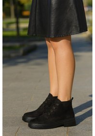 Resim Kalın Poli Taban Bağcıklı Bilekte Kadın Bot & Bootie Süet Siyah 