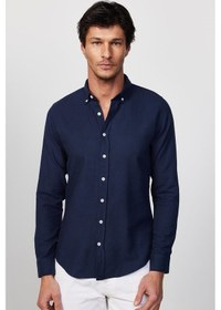 Resim Tudors Erkek Slim Fit Dar Kesim %100 Pamuk Keten Doku Düğmeli Yaka Lacivert Gömlek-26905 