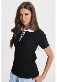 Resim Tudors Kadın Slim Fit Dar Kesim Kısa Kollu Fitilli Görünümlü Siyah Polo Yaka Tişört-50865 
