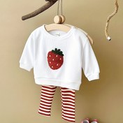 Resim İki Parça Kız Çocukları Yumuşak ve Rahat Sevimli Çilek Nakışlı Uzun Kollu Üst ile Dar Kesim Pantolon, Bahar ve Sonbahar için, Dış Mekan için 