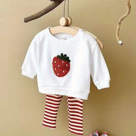 Resim İki Parça Kız Çocukları Yumuşak ve Rahat Sevimli Çilek Nakışlı Uzun Kollu Üst ile Dar Kesim Pantolon, Bahar ve Sonbahar için, Dış Mekan için 