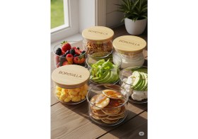 Resim 6'lı Borosilikat Cam Kahvaltılık Seti - Vakumlu Silikonlu Bambu Kapak 