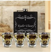 Resim Hediye Vakti Kişiye Özel Cep Matarası ve 4'lü Kuru Kafa Shot Bardak Seti 