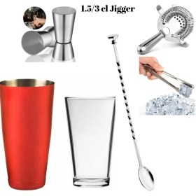 Resim Adin Tasarım Kokteyl Seti 5 Parça Baston Shaker 750 ml Jigger 1.5/3 cl Bar Süzgeci Buz Maşası Tokmaklı Bar Kaşığı 