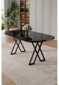 Resim Canisa Kaye Serisi Mdf 90x168 Siyah Mermer Desen Mutfak Masası Takımı 6 Siyah Sandalye Masa Siyah Mermer Desen Sandalye Siyah 