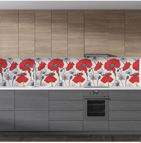 Resim Mutfak Tezgah Arası Folyo Fayans Kaplama Folyosu Kırmızı Çiçek Çizim 
