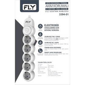 Resim FLY 3394-01, 5 Soket, Akım Korumalı Priz, 2.1A, Anahtarlı, 2Mt Kablo, (Beyaz) 