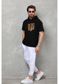 Resim Barlashive Erkek Kapüşonlu Kısa Kol Oversize Baskılı T-shirt - Siyah Çok Renkli 