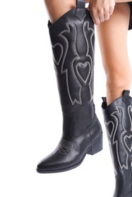 Resim Bak Store Siyah Cilt Deri Beyaz Kalp Nakışlı Kovboy Fermuarlı Western Kadın Çizme 