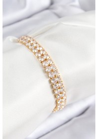 Resim Pirinç Zirkon Taşlı Çift Sıra Kare Model Gold Renk Asansörlü Kadın Bileklik Diğer 