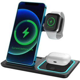 Resim wowacs 3 In 1 15w Hızlı Şarj Kablosuz Wireless Iphone Apple Watch Airpods Için Mavi Led Işıklı Şarj Standı 