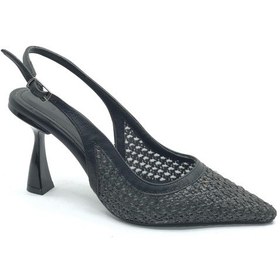 Resim Feles Hasır Detaylı Arkası Açık Stiletto Kadın Topuklu Ayakkabı Siyah 