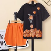 Resim Erkek çocuklar için 'Şampiyonluk' Basketbol Desenli 2'li Rahat Kıyafet, Tişört & Spor Şort Takımı, Yazlık Dış Mekan Giyim Erkek Çocuk Giysileri 