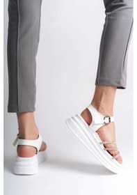 Resim Eva Kalın Tokalı Taşlı Şeritli Ortopedik Taban Kadın Sandalet Bt - Beyaz Beyaz 