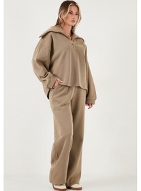 Resim Lela Pamuklu Oversize Fit Yarım Fermuarlı Yaka Uzun Kollu Triko Bayan Takım 68351218 Haki 