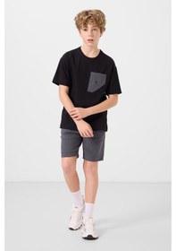 Resim Siyah-gri Pamuklu Oversize Fit Dokuma Hafif Esnek Chino Erkek Çocuk Şort Takım - 11278 Siyah - Gri 