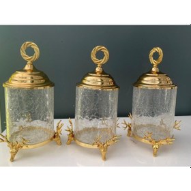 Resim Hera Kristal 3 Lü Geyikli Kapaklı Kavanoz Seti Altın 