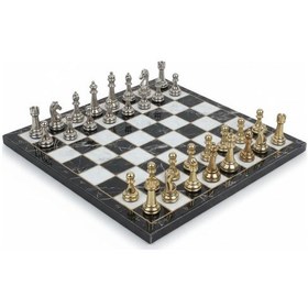 Resim Lüks Metal Satranç Takımı Krom Kaplama Klasik Gold Temalı Figür Siyah Mermer Desenli Tahta 20 Cm. 