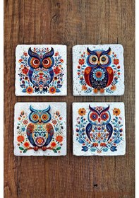 Resim Doğal Taş Bardak Altlığı 4'lü Set 10x10x1 Cm Renkli Baykuş Desenler -stone Coasters Çok Renkli 