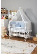 Resim Ahşap Beşik Anne Yanı Beşik Beyaz 60x120 Mavi Yıldız Uyku Seti Yatak Tekerlekli Beyaz 