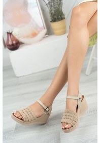 Resim Gimer - Dolgu Taban Ekose Örgü Tek Bant Ten Kadın Sandalet - ... Bej 