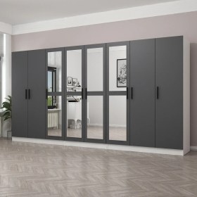 Resim Minar Kale 8 Kapaklı 4 Aynalı 4 Çekmeceli Dolap Beyaz Antrasit 