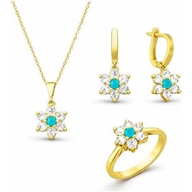 Resim Gümüş Mavi Taşlı Gold Çiçek Kadın Set Çok Renkli 50980311 