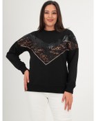 Resim Büyük Beden V Leopar Garnili Payet Detaylı Siyah Pamuklu Sweatshirt Siyah 