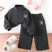 Resim 2 Parça Kız Çocuk Kıyafet Seti, Sonbahar/Kış Sıcak Peluş Kapüşonlu Sweatshirt ve Pantolon, Dış Mekan İçin Mükemmel 