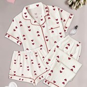Resim 3 adet Kadın Pijama Seti, Rahat Polyester Kısa Kollu Gömlek, Kalp Desenli, Şort ve Uzun Pantolon, Tüm Mevsimler İçin Yetişkin Pijama 