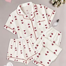 Resim 3 adet Kadın Pijama Seti, Rahat Polyester Kısa Kollu Gömlek, Kalp Desenli, Şort ve Uzun Pantolon, Tüm Mevsimler İçin Yetişkin Pijama 