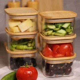 Resim AtbyhomeDuo 400ML 6'lı Bambu Vakumlu Kapaklı Cam Kahvaltılık Seti 