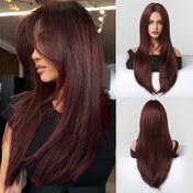 Resim Kadınlar için şık 26 inç kızıllı kahverengi düz sentetik peruk, yüksek sıcaklık lifi, gül ağı kapağı, orta kesim, partiler, cosplay, günlük giyim, festivaller için ideal 