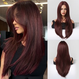 Resim Kadınlar için şık 26 inç kızıllı kahverengi düz sentetik peruk, yüksek sıcaklık lifi, gül ağı kapağı, orta kesim, partiler, cosplay, günlük giyim, festivaller için ideal 