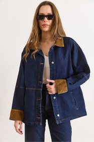 Resim Olalook Kadın Lacivert Yaka Manşet Kadife Detaylı Oversize Denim Ceket CKT-19000502 