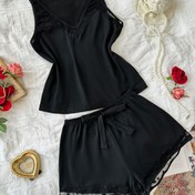 Resim Kadınlar İçin Seksi V Yaka Kolsuz Pijama Takımı, %95 Polyester %5 Elastan, Zıt Renkli File Detaylı Düz Renk, Kısa Boy Pantolonlu Her Mevsim Örgü Kumaş Uyku Giysileri 