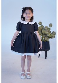 Resim Dantel Detaylı Bebe Yaka Kız Çocuk Bebek Poplin Siyah Beyaz Elbise 001 
