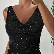 Resim Kadınlar İçin Omuz Açık V Yaka Işıltılı Gece Tank Top - Siyahdan Mor Gradyan Parıltılı Tatil Üstü, Makinede Yıkanabilir İlkbahar Yaz Sonbahar Giyim, Şık Siluet, Esnek Rahat Kesim, Akşam Kıyafeti 